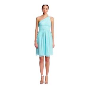 Donna Morgan Rhea One Shoulder Tiffany Blue  Chiffon Pleated Occasion Dress -8